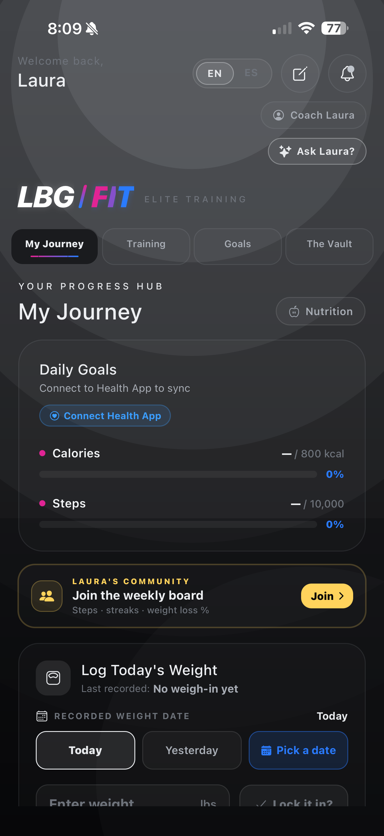 LBGFIT app development preview showing daily goals and progress tracking